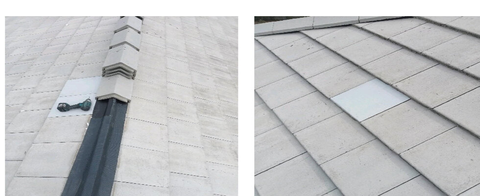 ซ่อมหลังคาเฉพาะจุด เปลี่ยนครอบสันระบบแห้ง Dry Tech และเปลี่ยนกระเบื้องแตก