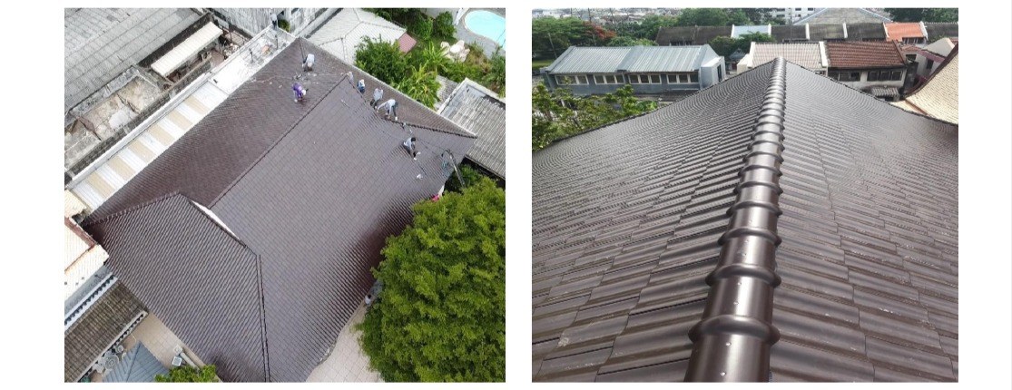 งาน Re-Roof เปลี่ยนหลังคากระเบื้องคอนกรีตสีน้ำตาลใหม่ทั้งผืน โดยทีมช่างคิวช่าง