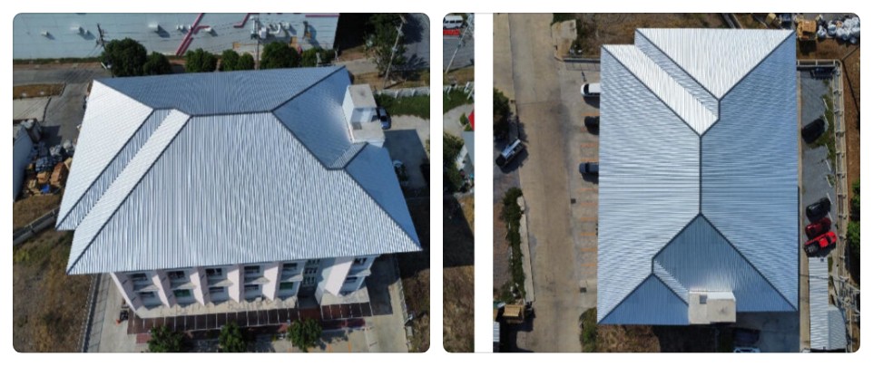ซ่อมหลังคาแบบ Top Up Roof เสริมแผ่นเมทัลชีททับหลังคาเดิม ภาพมุมสูงหลังงานเสร็จ